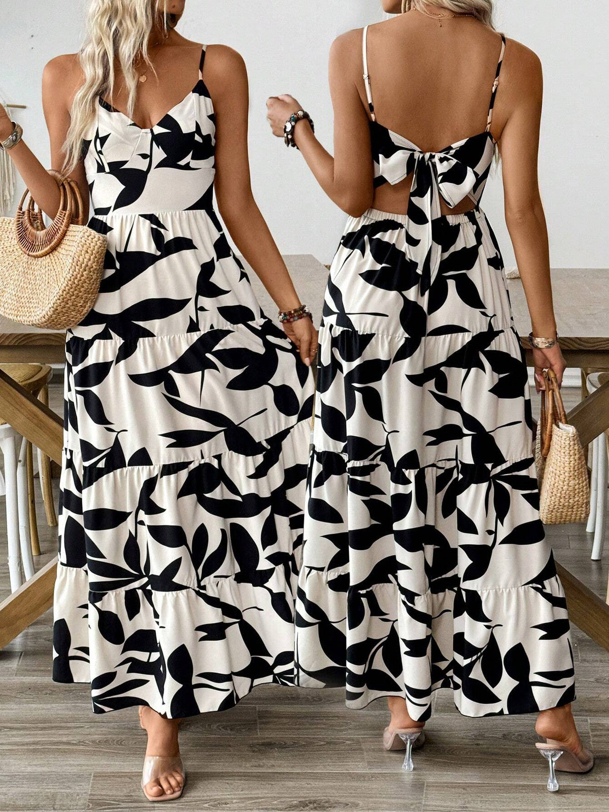 Women's Printed Holiday Strap Dress With Tie