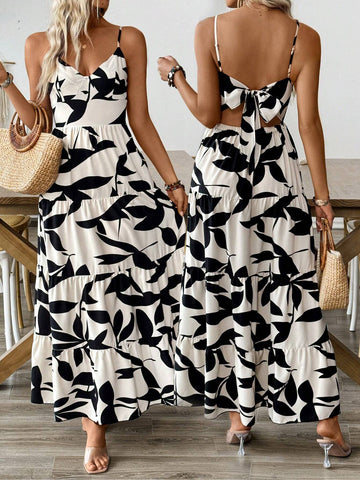 Women's Printed Holiday Strap Dress With Tie