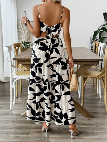 Women's Printed Holiday Strap Dress With Tie