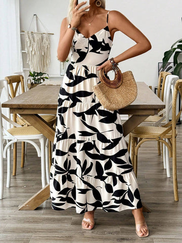 Women's Printed Holiday Strap Dress With Tie