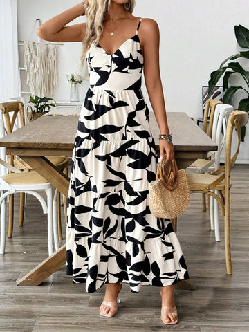 Women's Printed Holiday Strap Dress With Tie