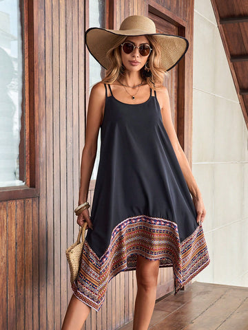 Women's Printed Irregular Hem Spaghetti Strap Dress