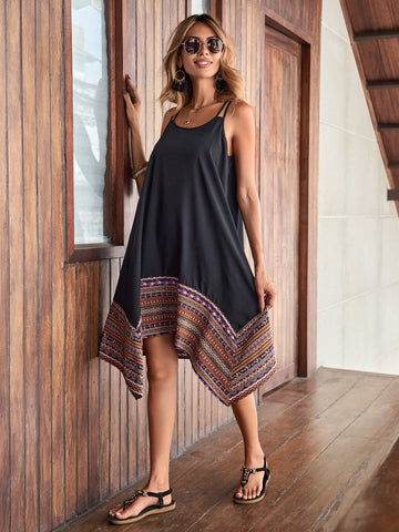Women's Printed Irregular Hem Spaghetti Strap Dress