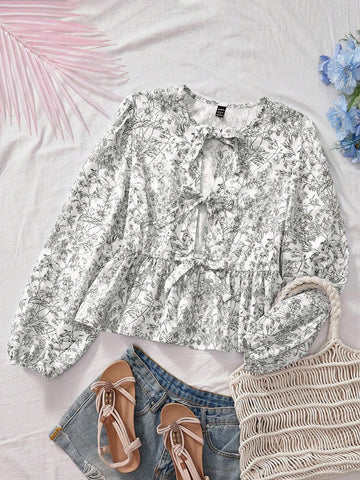 VCAY Women's Printed Round Neck Tie-Up Long Sleeve Cardigan Shirt, Bow Decoration,Fall Women