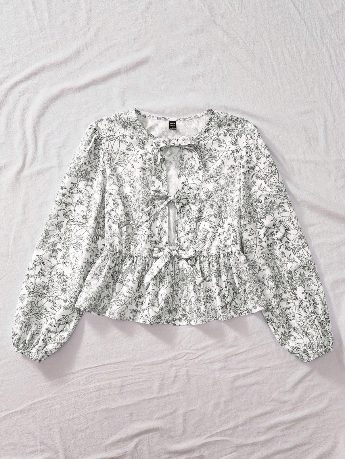 VCAY Women's Printed Round Neck Tie-Up Long Sleeve Cardigan Shirt, Bow Decoration,Fall Women