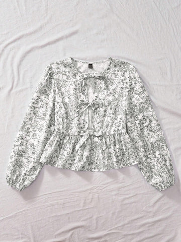 VCAY Women's Printed Round Neck Tie-Up Long Sleeve Cardigan Shirt, Bow Decoration,Fall Women