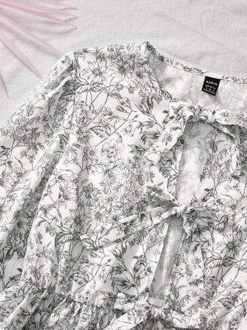 VCAY Women's Printed Round Neck Tie-Up Long Sleeve Cardigan Shirt, Bow Decoration,Fall Women