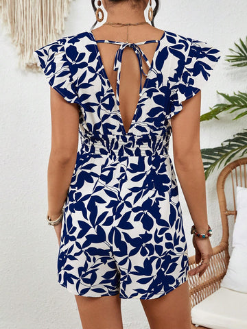 Women's Printed Shirred Waist Jumpsuit With Cap Sleeves