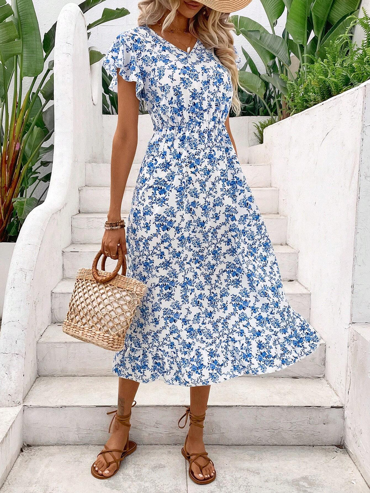 Women's Printed V-Neck Ruffled Sleeve Dress, Suitable For Summer