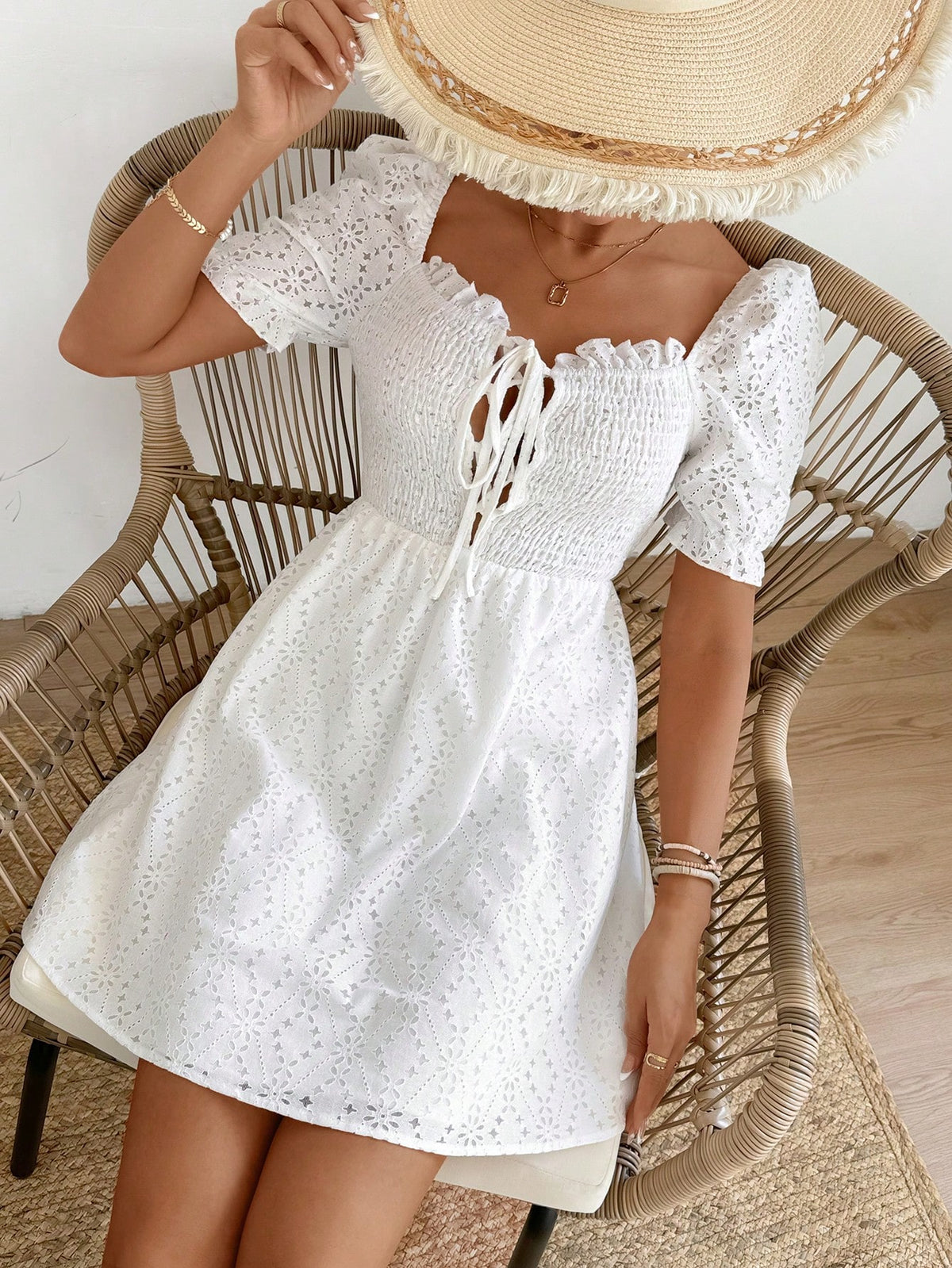 Women's Puff Sleeves Shirred Front Belted Dress