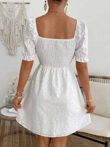 Women's Puff Sleeves Shirred Front Belted Dress