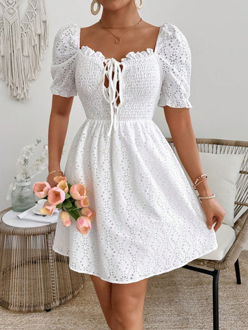 Women's Puff Sleeves Shirred Front Belted Dress