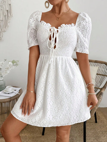 Women's Puff Sleeves Shirred Front Belted Dress
