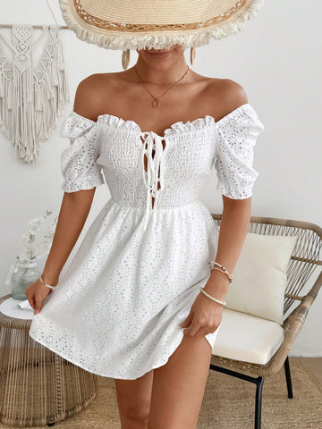 Women's Puff Sleeves Shirred Front Belted Dress