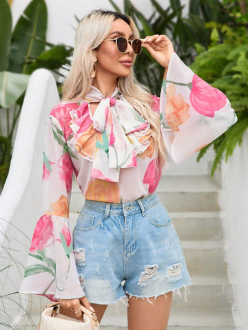 VCAY Women's Random Floral Print Tie Neck Flare Sleeve Blouse