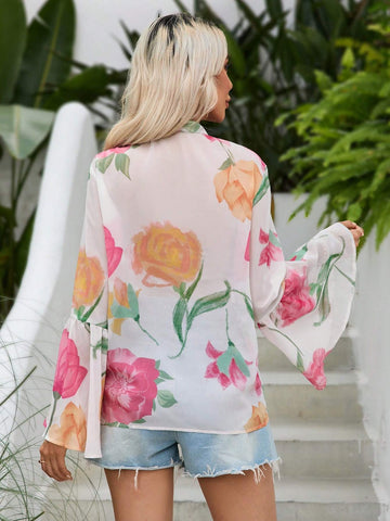 VCAY Women's Random Floral Print Tie Neck Flare Sleeve Blouse