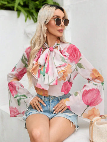 VCAY Women's Random Floral Print Tie Neck Flare Sleeve Blouse