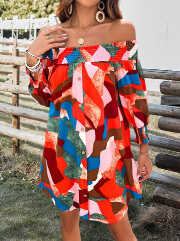Women's Random Print One Shoulder Front Button Bodycon Dress