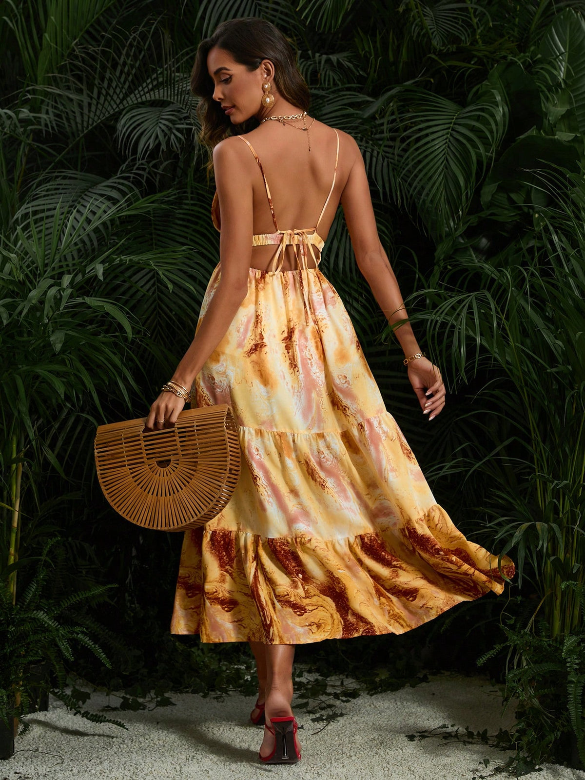 Women's Random Printed Backless Spaghetti Strap Dress