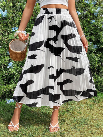 VCAY Women's Random Printed Pleated A-Line Skirt