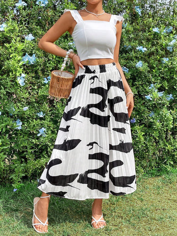 VCAY Women's Random Printed Pleated A-Line Skirt