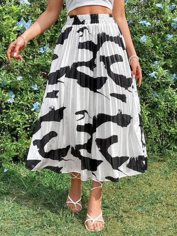 VCAY Women's Random Printed Pleated A-Line Skirt