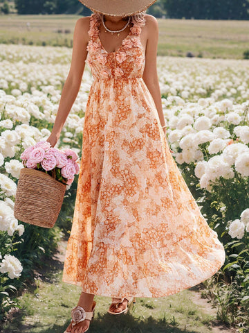 Women's Romantic Chiffon Print 3D Floral Decor Elegant Dress