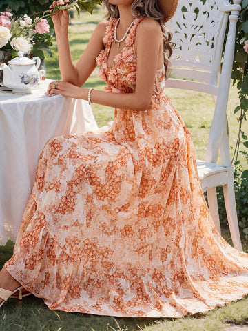 Women's Romantic Chiffon Print 3D Floral Decor Elegant Dress