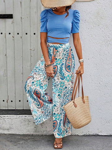 Women's Round Neck Criss Cross Short Sleeve Top And Paisley Printed Pants Two Piece Set