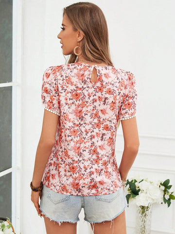 VCAY Women's Round Neck Floral Printed Casual Vacation Short Sleeve Shirt For Summer