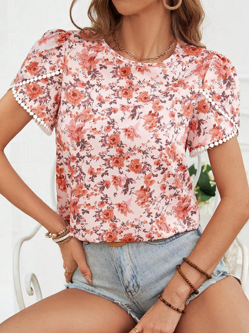VCAY Women's Round Neck Floral Printed Casual Vacation Short Sleeve Shirt For Summer