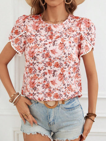 VCAY Women's Round Neck Floral Printed Casual Vacation Short Sleeve Shirt For Summer