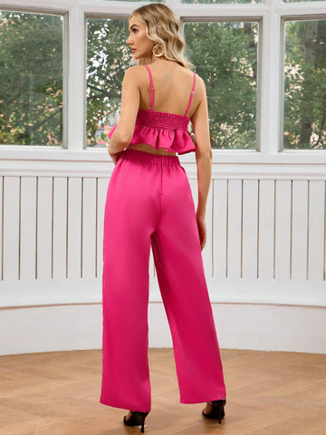 Women's Ruffled Hem Crop Top & Pants Set With Spaghetti Straps