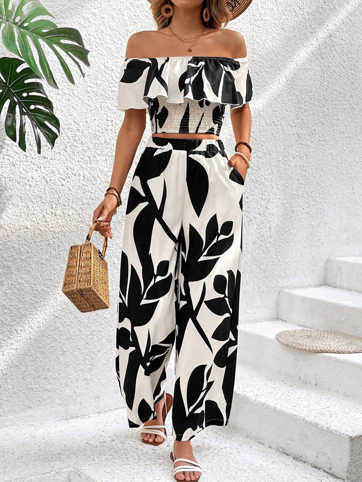 Women's Ruffled One Shoulder Top And Pants Set