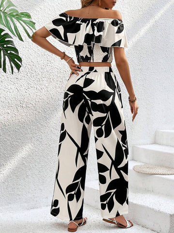 Women's Ruffled One Shoulder Top And Pants Set