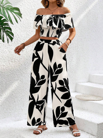 Women's Ruffled One Shoulder Top And Pants Set
