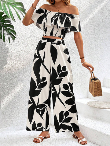 Women's Ruffled One Shoulder Top And Pants Set