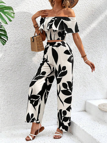 Women's Ruffled One Shoulder Top And Pants Set