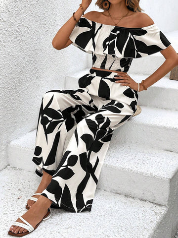 Women's Ruffled One Shoulder Top And Pants Set