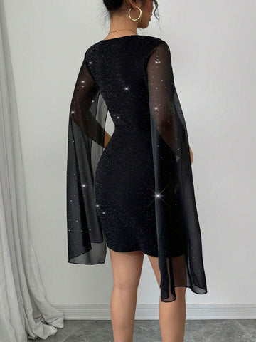 Women's Sexy Body-Hugging Long Sleeve Mini Dress, Black, Suitable For New Year's Eve