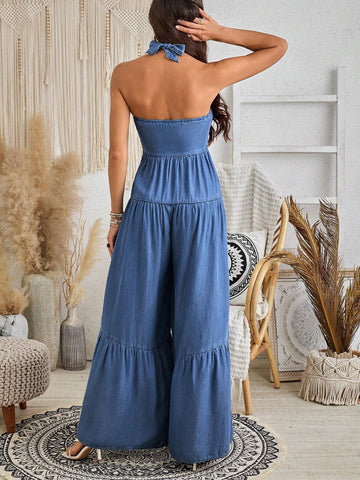 Women's Sexy Sleeveless Jumpsuit With Backless Design, Loose Fit, Denim-Like Blue, Suitable For Holidays