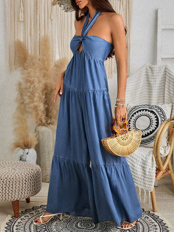 Women's Sexy Sleeveless Jumpsuit With Backless Design, Loose Fit, Denim-Like Blue, Suitable For Holidays