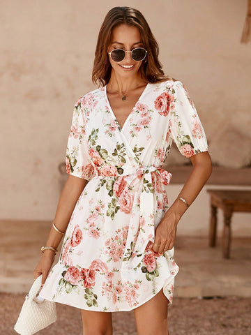 VCAY Women's Short Puff Sleeve Dress With Floral Print