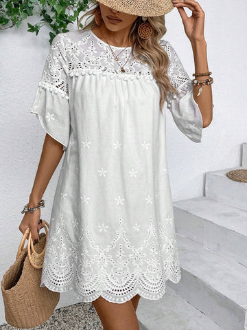 Women's Short Sleeve Burnout Floral Embroidery Patchwork Tassel Hem Dress