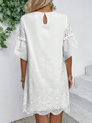 Women's Short Sleeve Burnout Floral Embroidery Patchwork Tassel Hem Dress