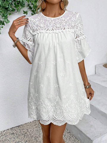 Women's Short Sleeve Burnout Floral Embroidery Patchwork Tassel Hem Dress