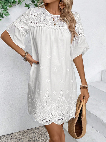 Women's Short Sleeve Burnout Floral Embroidery Patchwork Tassel Hem Dress