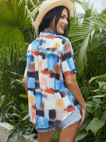 VCAY Women's Short Sleeve Button-Down Shirt With Random Colorful Print