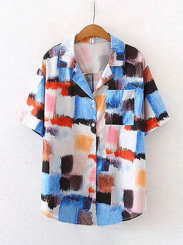VCAY Women's Short Sleeve Button-Down Shirt With Random Colorful Print