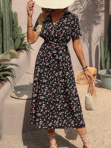 Women's Short Sleeve Floral Print Split Hem Maxi Dress